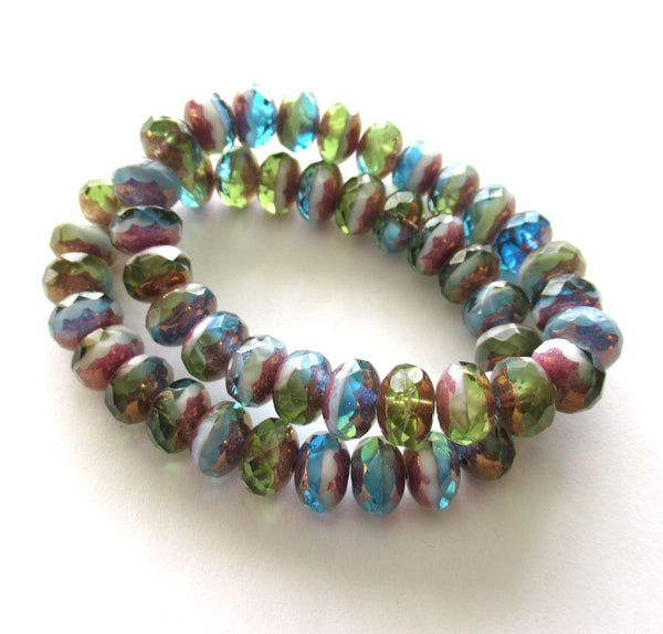 25 Czech glass puffy rondelle beads - 6 x 9mm transparent & opaque Peruvian opal color mix faceted rondelles 00573