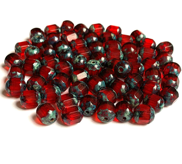 15 Czech glass faceted cathedral or barrel beads six sides - 8mm fire polished Siam red beads with picasso finish on the ends C0075