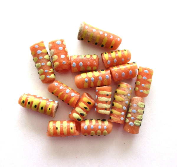 Lot of 5 sand cast African Ghana glass tube beads - 17 - 10mm by 6 - 7mm big hole orange patterned rustic, earthy beads - C0088