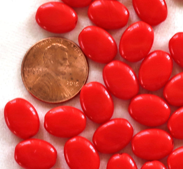25 opaque bright red flat oval Czech Glass beads, 12mm x 9mm pressed glass beads C8625 - Glorious Glass Beads