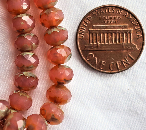 25 Czech glass faceted puffy rondelle beads - 5 x 7mm translucent salmon pink picasso rondelles 00201 - Glorious Glass Beads