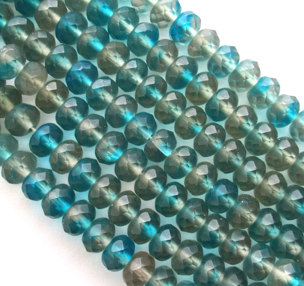 25 faceted Czech glass puffy rondelle beads - 6 x 9mm transparent matte aqua blue & gray mix rondelles 00522