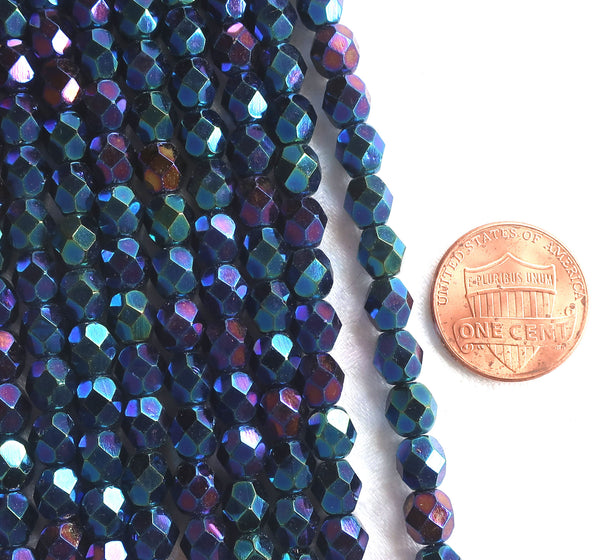 Lot of 25 6mm Blue Iris Czech glass beads, firepolished, faceted round beads C1501 - Glorious Glass Beads