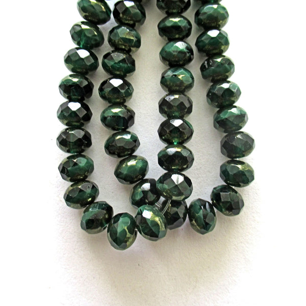Lot of 25 Czech glass puffy rondelles - Opaque marble light and dark forest green picasso faceted rondelle or donut beads - 5 x 7mm C00002