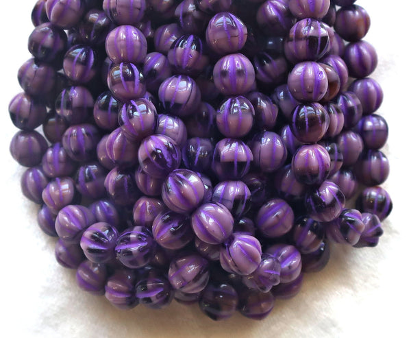 25 Czech glass melon beads, 6mm opaque purple, amethyst pressed glass beads C0901 - Glorious Glass Beads
