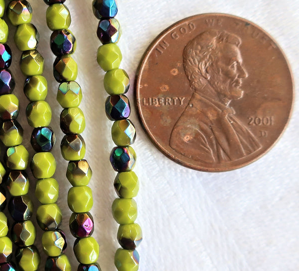 Lot of 50 3mm Opaque Olive Vitral Czech glass beads, olive green firepolished, faceted round beads with a vitral finish, C5525 - Glorious Glass Beads