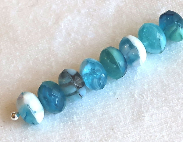 25 Czech glass puffy rondelles, 6 x 8mm transparent & opaque aqua blue and white color mix, faceted puffy rondelle beads, sale price 03101 - Glorious Glass Beads