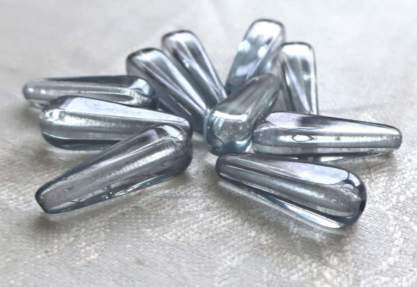 Lot of six 27 x 10mm Lumi Blue squared long teardrop beads, pressed large Czech glass elongated tear drops, C4401 - Glorious Glass Beads