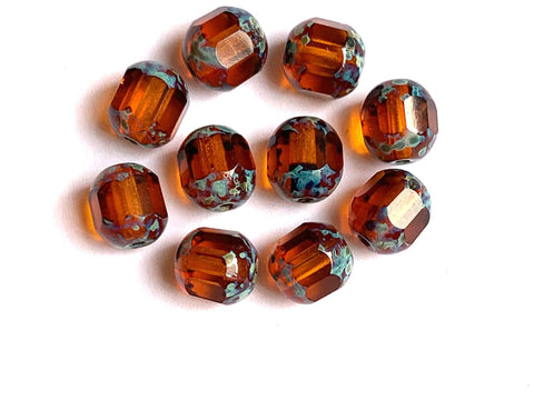 15 Czech glass faceted cathedral or barrel beads six sides - 8mm fire polished amber beads with picasso finish on the ends C0096