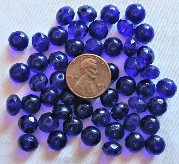 Lot of 25 6 x 9mm cobalt blue faceted puffy rondelle beads - transparent blue Czech glass rondelles C8625