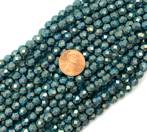 25 faceted round Czech glass beads - 6mm fire polished halo ethereal azurite opaque blue beads - C0066