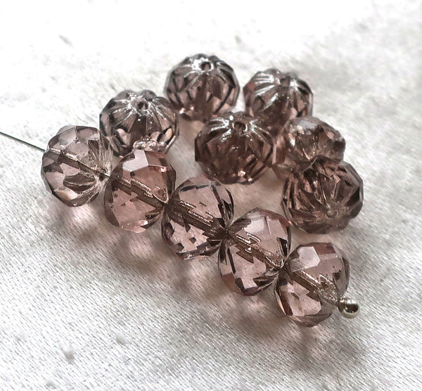 Ten Czech glass faceted cruller beads, 7 x 10mm light transparent amethyst, purple / pink crystal rondelles, sale price 32101 - Glorious Glass Beads