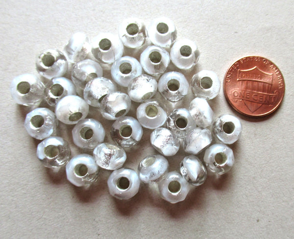 Ten Czech glass faceted ronller beads - 6mm x 8mm silver lined crystal & white tyre bead mix - big 3.38mm hole beads C0008