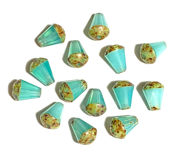 Lot of 15 Czech glass teardrop beads - aqua blue opal w/ a Picasso finish - special cut 8 x 6mm faceted firepolished beads C0031