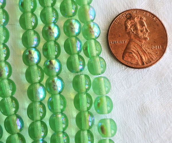50 6mm Czech glass druks, peridot green AB smooth round druk beads C3701 - Glorious Glass Beads