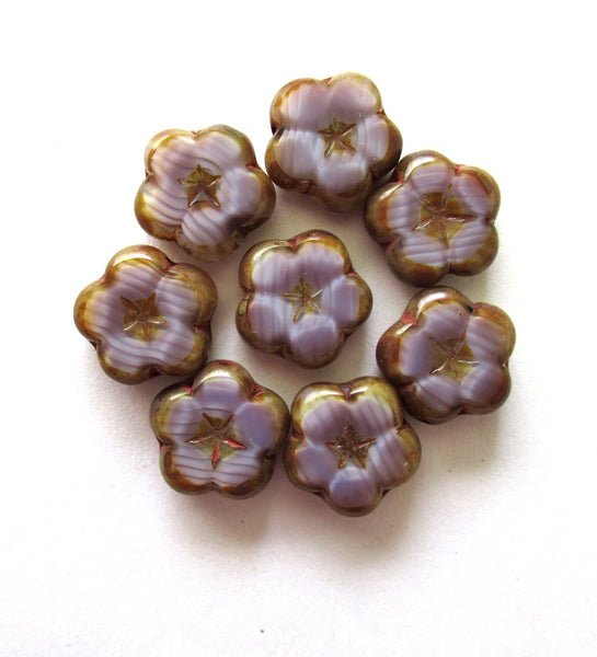 Lot of 6 Czech glass flower beads - 14mm table cut carved opaque silky marbled purple amethyst beads with picasso accents C00031