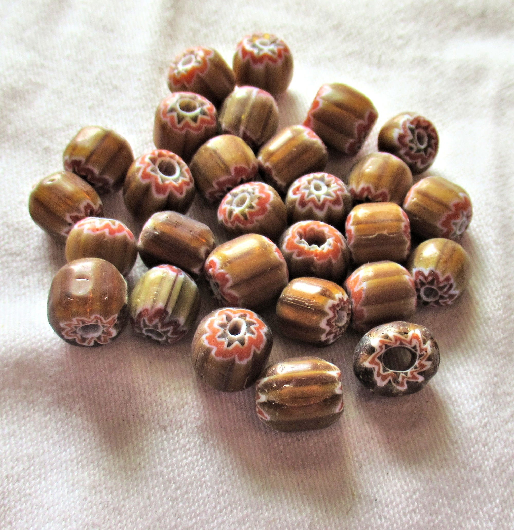 lot of 15 brown & white striped glass chevron tube beads - red and black accents - approx 8 x 10mm rustic earthy big hole barrel beads C9501