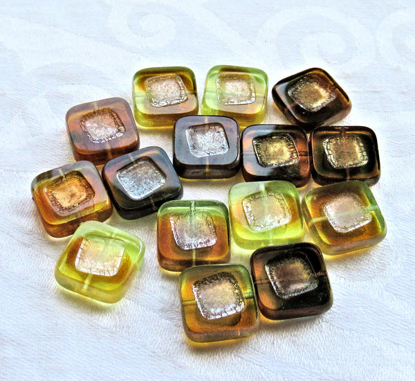 Ten large Czech glass square beads - amber / topaz / jonquil / yellow mix - 14 x 14mm table cut, carved, chunky, rustic, earthy beads C05201 - Glorious Glass Beads