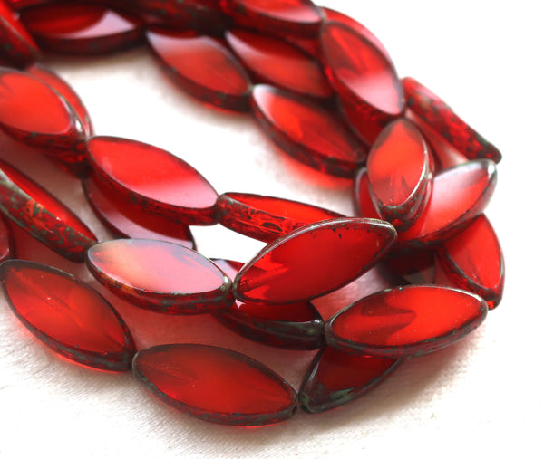 Ten 18 x 7mm Czech glass spindle beads, translucent, marbled bright orange / red table cut, picasso, almond shaped tube beads C08101