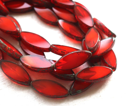 Ten 18 x 7mm Czech glass spindle beads, translucent, marbled bright orange / red table cut, picasso, almond shaped tube beads C08101 - Glorious Glass Beads