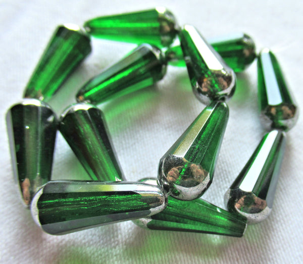 Six Czech glass long faceted teardrop beads - transparent emerald green w/ a silver finish on the ends - 9 x 20mm elongated tear drops 43206