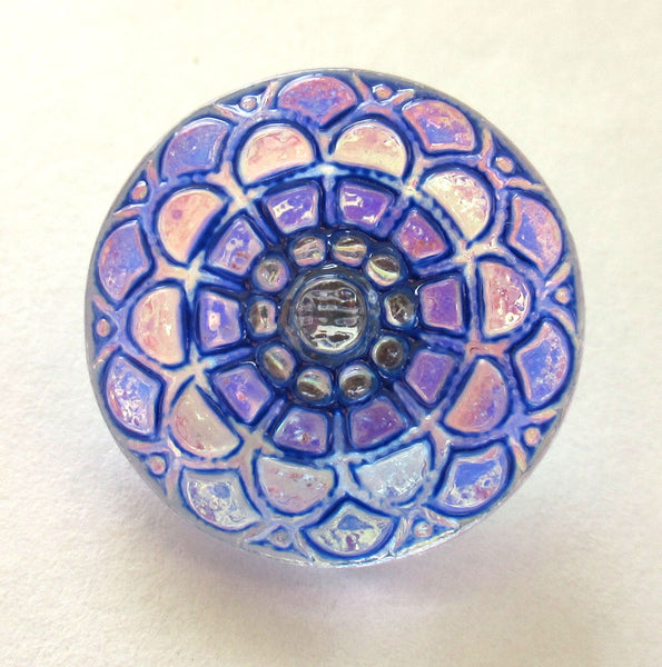 One 18mm Czech glass snowflake button - blue & pink decorative shank buttons 07101
