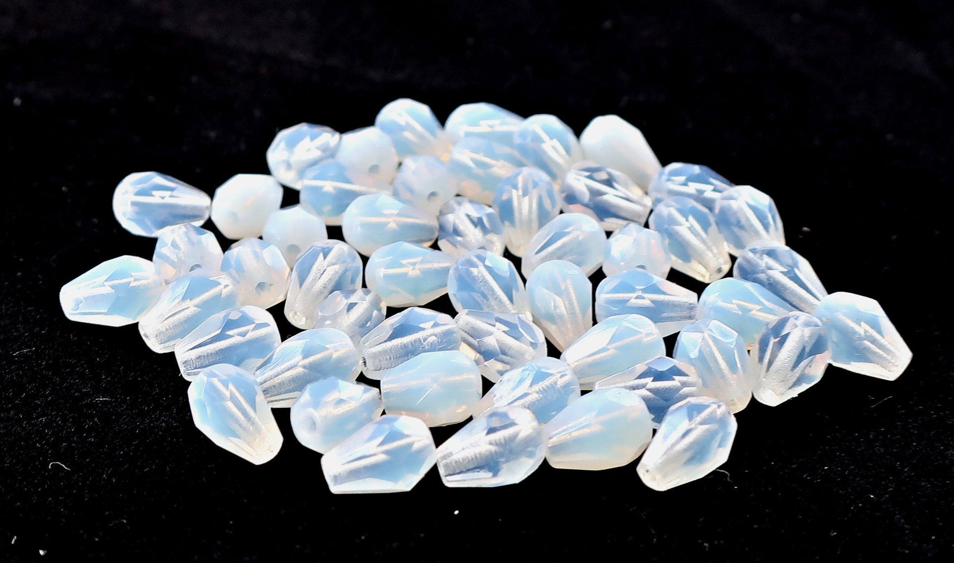 Lot of 25 7 x 5mm translucent Milky White teardrop Czech glass beads, faceted firepolished tear drops C2701 - Glorious Glass Beads