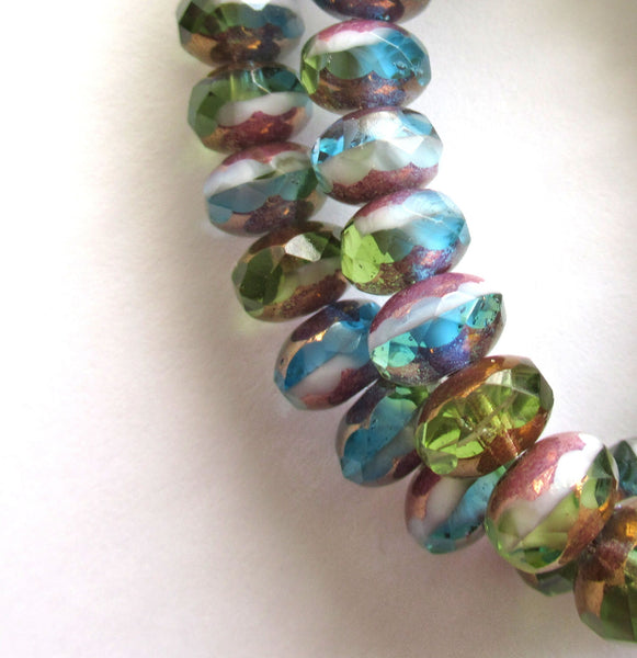 25 Czech glass puffy rondelle beads - 6 x 9mm transparent & opaque Peruvian opal color mix faceted rondelles 00573