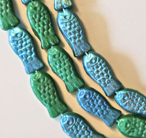 lot of 25 Opaque blue green AB Czech glass fish beads, 7 x 14mm C0005