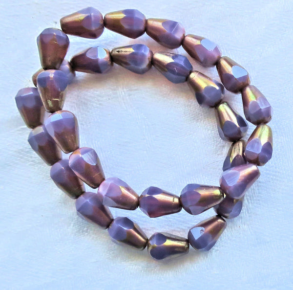 Lot of 15 8 x 6mm Czech glass teardrop beads - opaque purple silk with a bronze accents - special cut, faceted, firepolished beads C04101