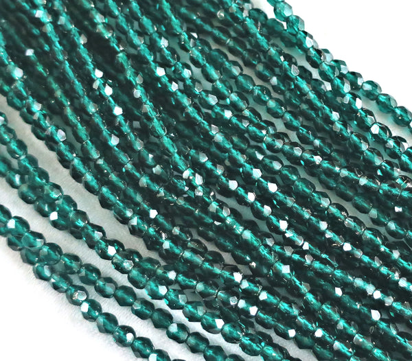 Lot of 50 4mm Viridian Silver Lined Czech glass beads, teal, blue green firepolished faceted round beads C4450 - Glorious Glass Beads
