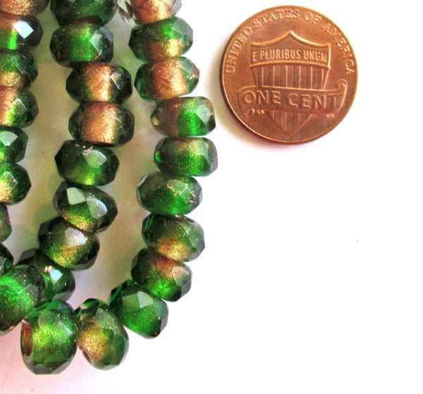 Ten Czech glass roller beads - 8.5 x 5mm emerald green & crystal marbled gold lined, faceted roller, rondelle, big 3.5mm hole beads C00801