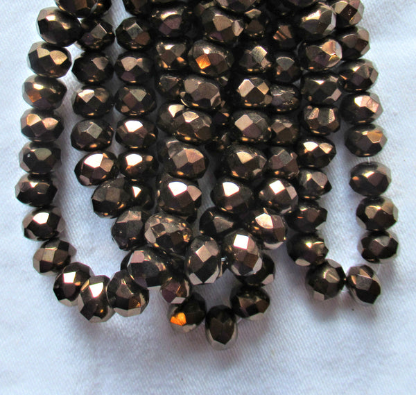 Lot of 25 Czech glass puffy rondelle beads - 6 x 8mm metallic brown / chocolate bronze faceted rondelles C52325