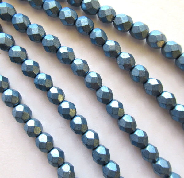 25 6mm faceted round Czech glass slate blue beads - Saturated Metallic Little Boy Blue beads - C0024