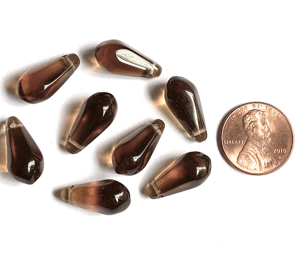 Ten large Czech glass teardrop beads - 9 x 18mm smoky topaz transparent brown pressed glass faceted side drilled drops six sides C0023