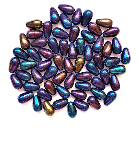 Lot of 25 10 x 6mm Czech glass blue iris teardrop beads - center drilled smooth drop beads C0082