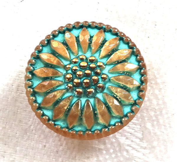 One 18mm Czech glass flower button, gold sunflower with a turquoise wash, verdigris look, decorative floral shank buttons 30201