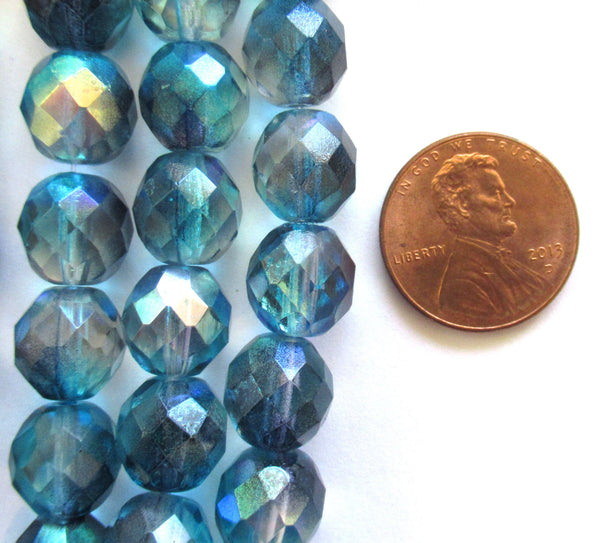 Ten Czech glass fire polished faceted round beads - 10mm blue AB color mix beads C0077