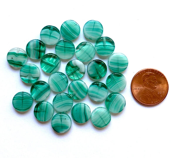 15 Czech glass coin beads -10mm  light teal blue green marbled, milky, striped disc beads C0057