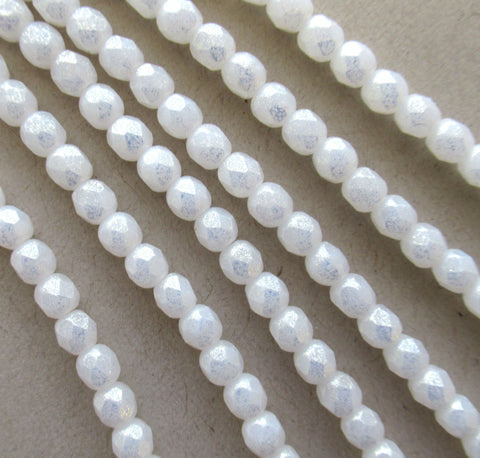 Lot of 50 4mm Czech glass beads - Opaque Snow Shimmer White AB fire polished faceted round beads C0004