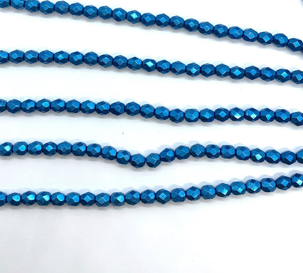 25 faceted round Czech glass beads - 6mm fire polished saturated metallic blue beads - C0045