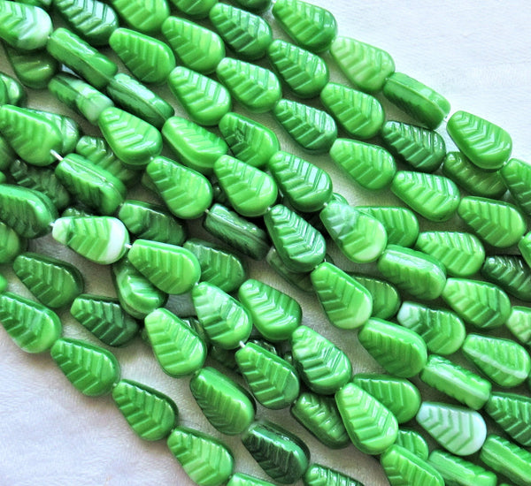 Lot of 25 Czech glass leaf beads - Opaque green and white marbled vintage style beads - center drilled 12 x 8mm beads C0701 - Glorious Glass Beads