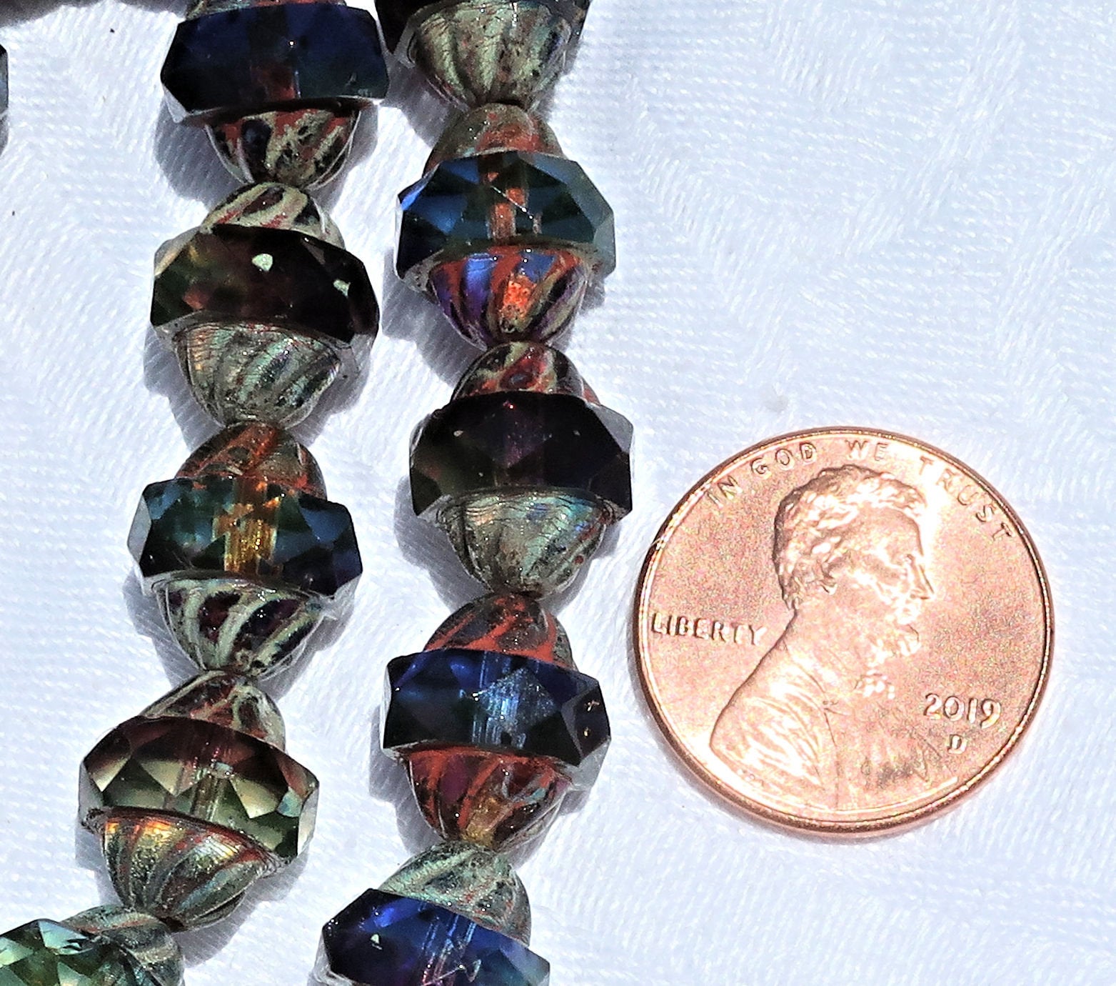 Ten Czech glass turbine beads - 11 x 10mm blue, purple / amethyst & green mix with a picasso finish C08101 - Glorious Glass Beads