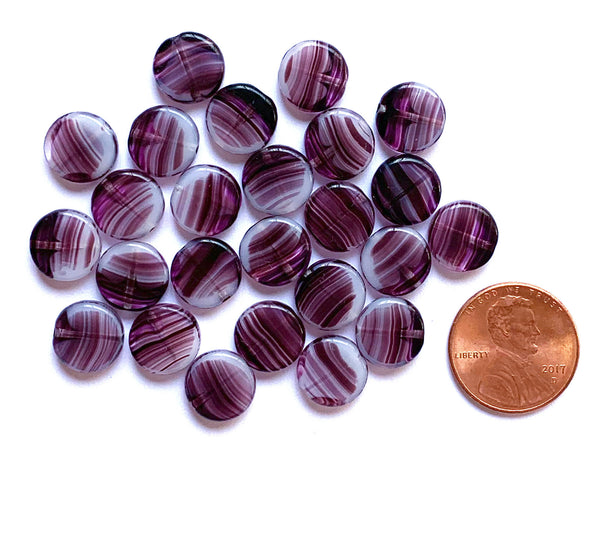 15 Czech glass coin beads - 10mm amethyst purple marbled, milky, striped disc beads C0057