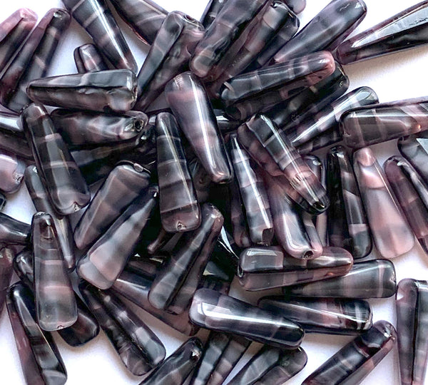 15 Czech glass triangle tube beads - 6 x 17mm marbled, striped pink & gray wedge shaped tube beads C0721