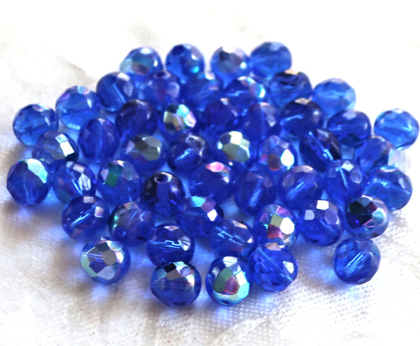 25 8mm Czech glass beads, Sapphire Blue AB, firepolished faceted round beads C1625 - Glorious Glass Beads