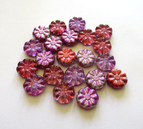 Ten 12mm Czech glass flower beads - metallic purple and pink pressed glass flowers - C0089