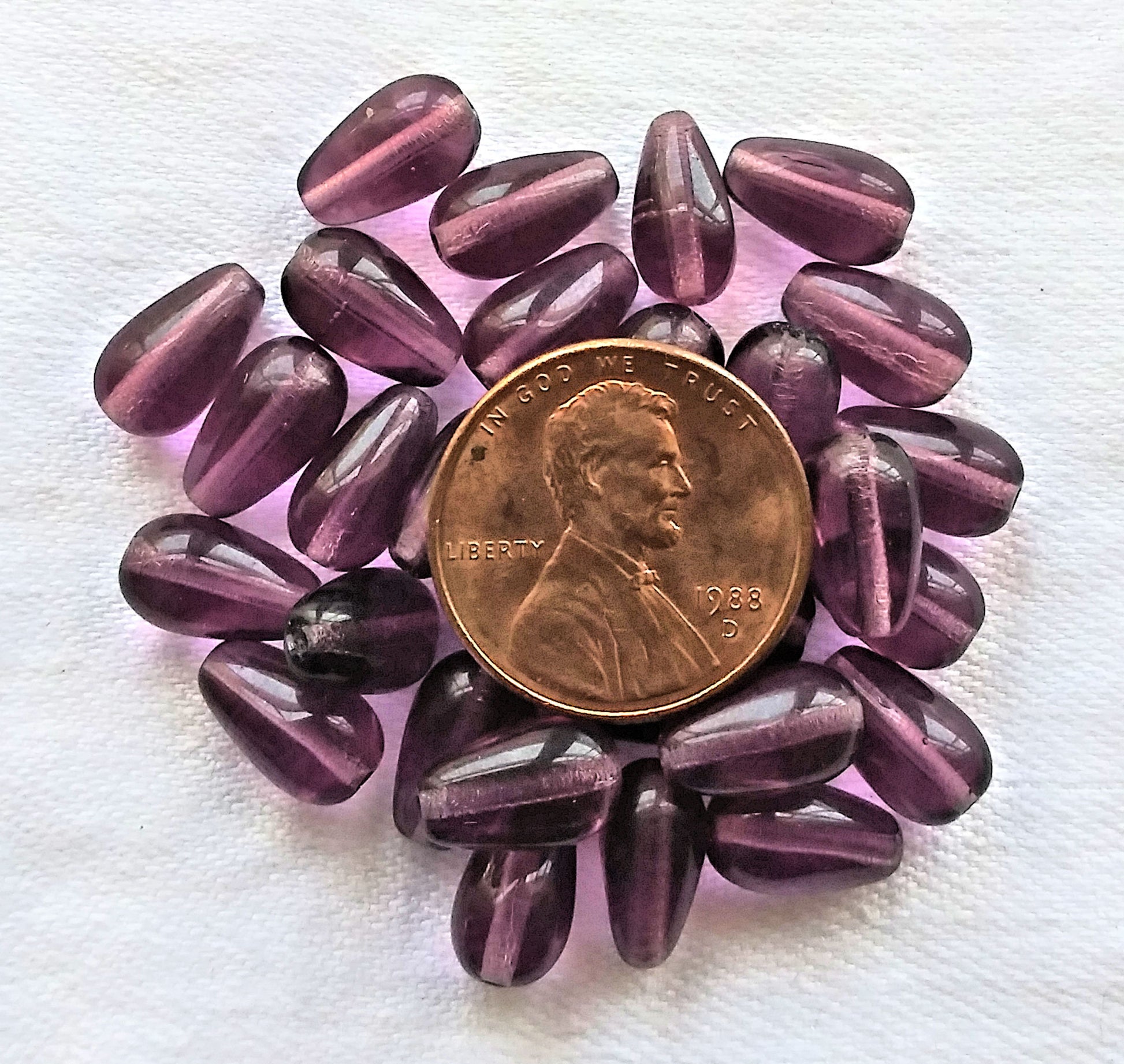 Lot of 25 amethyst glass drop beads - smooth purple teardrop beads - 10 x 6mm C4501 - Glorious Glass Beads