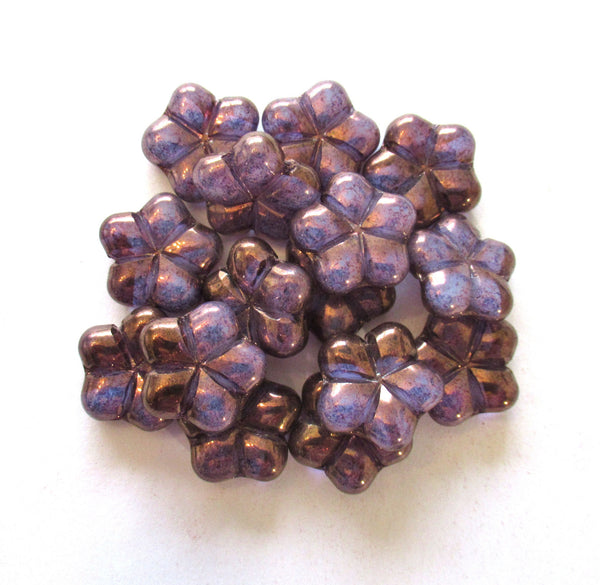 Lot of six 17mm Czech glass flower beads - amethyst, purple pressed beads with an iridescent luster finish - 00351