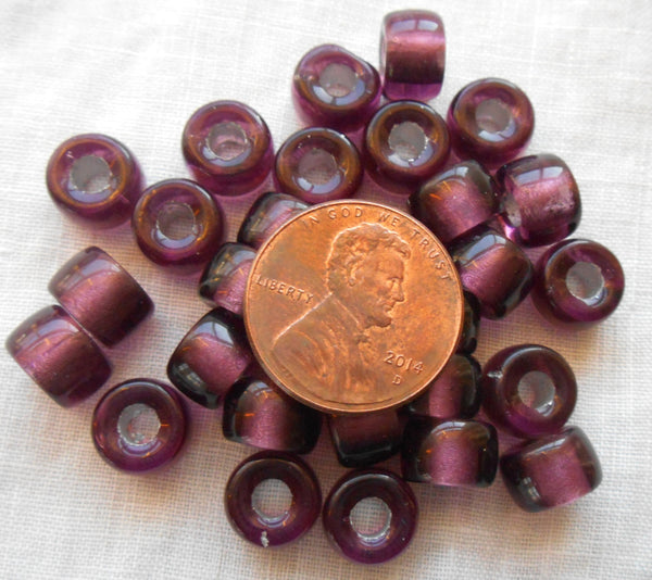25 9mm Czech Dark Amethyst Silver Lined pony roller beads, large hole purple glass crow beads, C0087